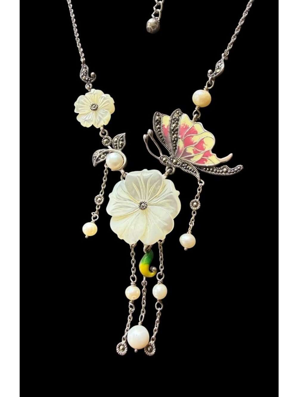Vintage 925 Sterling Silver Carved MOP Flower Enameled Butterfly Necklace - Picture 2 of 7